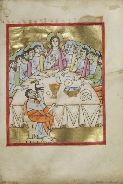 The Last Supper; Regensburg, Bavaria, Germany; about 1030 - 1040; Tempera colors, gold leaf, and ink on parchment; Leaf