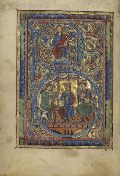 Initial B: Christ in Majesty and David with Musicians; Würzburg, Germany; about 1240 - 1250; Tempera colors, gold leaf