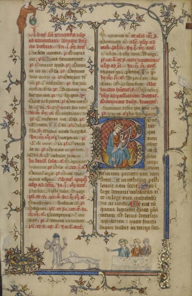 Initial B: David Playing the Harp; Paris, France; about 1320 - 1325; Tempera colors, gold leaf, and ink on parchment; Leaf