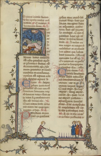 Initial H: The Conversion of Saint Paul; Paris, France; about 1320 - 1325; Tempera colors, gold leaf, and ink on parchment; Leaf