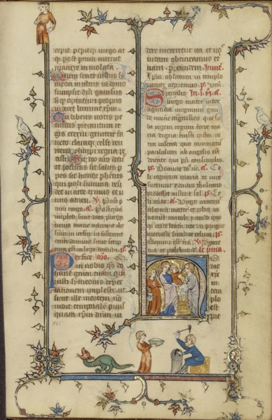 Initial H: The Presentation in the Temple; Paris, France; about 1320 - 1325; Tempera colors, gold leaf, and ink on parchment