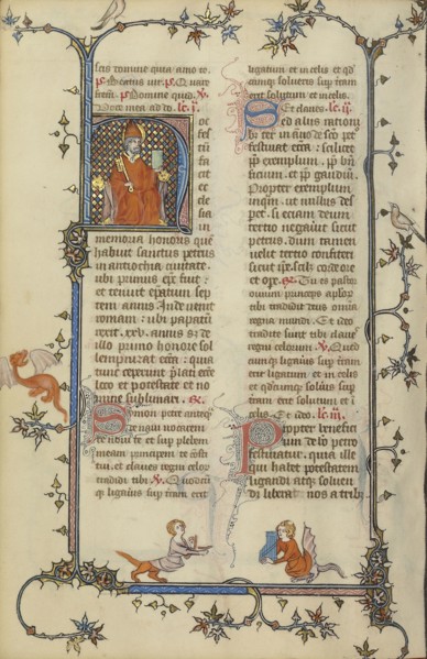 Initial H: Saint Peter Enthroned with a Key and a Book; Paris, France; about 1320 - 1325; Tempera colors, gold leaf, and ink