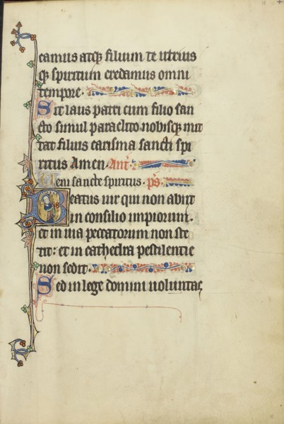 Initial B: A Female Saint; Northeastern France, France; about 1300; Tempera colors, gold leaf, and ink on parchment; Leaf