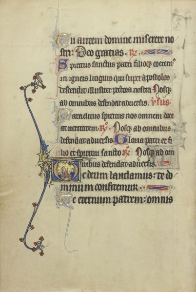 Initial T: A Cleric with Two Assistants; Northeastern France, France; about 1300; Tempera colors, gold leaf, and ink