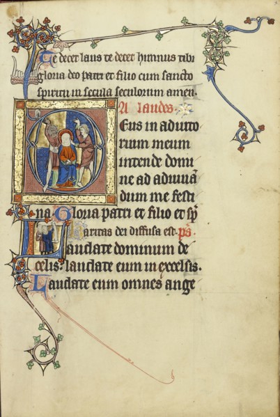 Initial A: The Mocking of Christ; Initial L: Two Men Holding Scrolls; Northeastern France, France; about 1300; Tempera colors