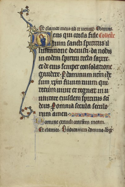 Initial D: A Kneeling Saint in Prayer; Northeastern France, France; about 1300; Tempera colors, gold leaf, and ink on parchment