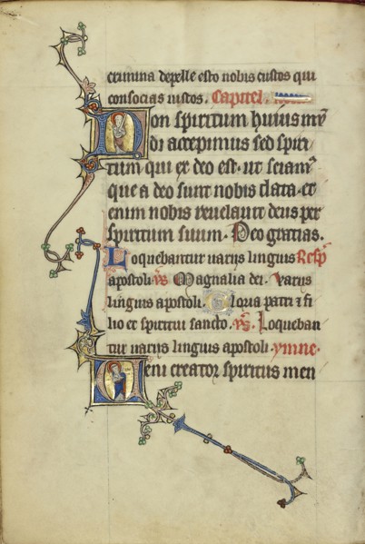 Initial N: Saint Paul with a Sword; Initial V: Saint Peter with a Key; Northeastern France, France; about 1300; Tempera colors