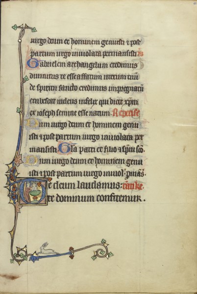 Initial T: A Nimbed Cleric Baptizing Another Nimbed and Tonsured Cleric, The Baptism of Saint Augustine by Saint Ambrose