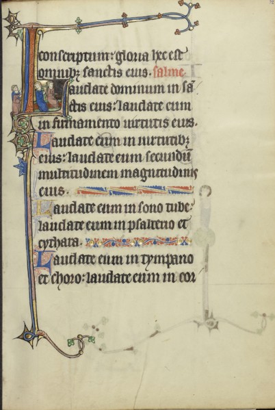 Initial L: Two Men Playing a Harp and a Hand Organ; Northeastern France, France; about 1300; Tempera colors, gold leaf, and ink