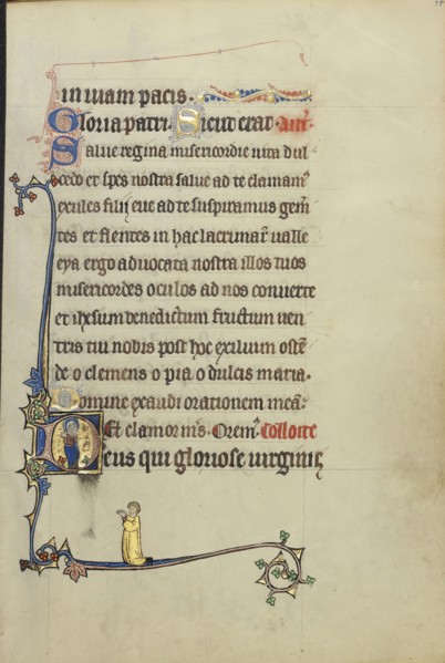 Initial D: The Virgin Mary; Northeastern France, France; about 1300; Tempera colors, gold leaf, and ink on parchment; Leaf