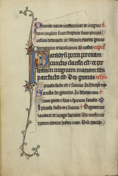 Initial P: The Virgin Mary Opening a Door to a Woman; Northeastern France, France; about 1300; Tempera colors, gold leaf