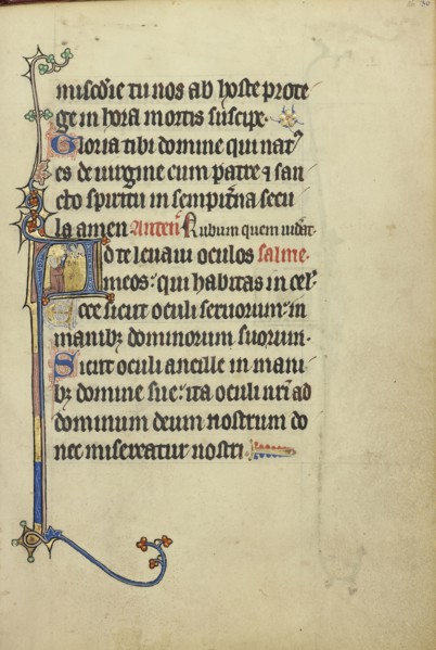 Initial A: A Kneeling Woman Praying to Christ; Northeastern France, France; about 1300; Tempera colors, gold leaf, and ink