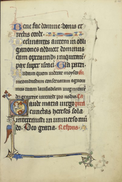 Initial G: The Virgin Mary Pointing to Books Burning in a Fire; Northeastern France, France; about 1300; Tempera colors, gold