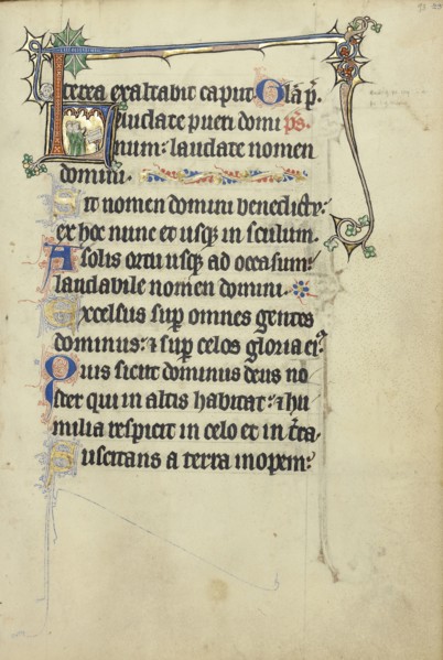 Initial L: Clerics Singing; Northeastern France, France; about 1300; Tempera colors, gold leaf, and ink on parchment; Leaf