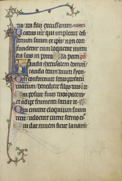 Initial L: Christ Speaking to Four Men; Northeastern France, France; about 1300; Tempera colors, gold leaf, and ink on parchment