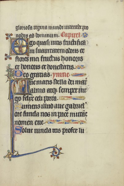 Initial E: A Female Saint, Mary?, with a Book and Flowers; Initial A: The Annunciation; Northeastern France, France; about 1300