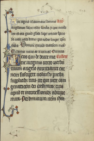 Initial D: The Annunciation; Northeastern France, France; about 1300; Tempera colors, gold leaf, and ink on parchment; Leaf