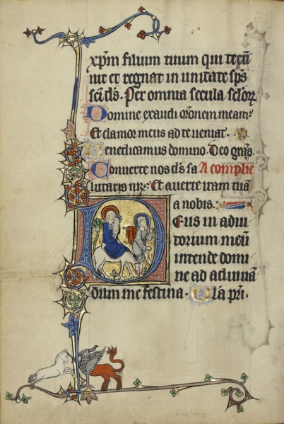 Initial D: The Flight into Egypt; Northeastern France, France; about 1300; Tempera colors, gold leaf, and ink on parchment; Leaf