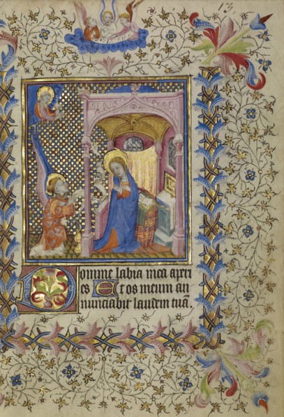 The Annunciation; Paris, France; about 1400 - 1410; Tempera colors, gold leaf, gold paint, and ink on parchment; Leaf