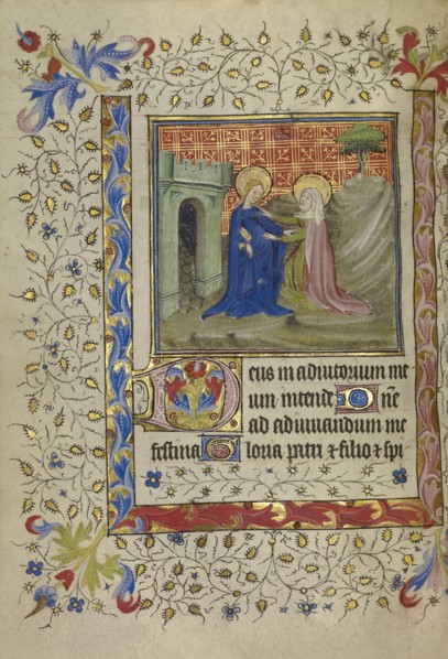 The Visitation; or Le Mans, France; about 1400 - 1410; Tempera colors, gold leaf, gold paint, and ink on parchment; Leaf