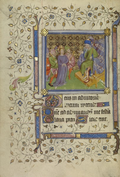 Christ before Pilate; Paris, France; about 1400 - 1410; Tempera colors, gold leaf, gold paint, and ink on parchment; Leaf