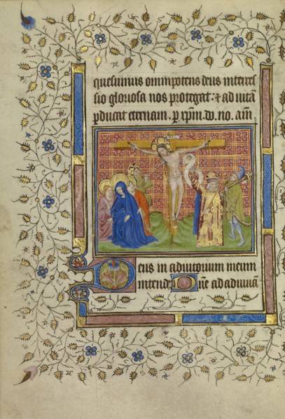 The Crucifixion; Paris, France; about 1400 - 1410; Tempera colors, gold leaf, gold paint, and ink on parchment; Leaf