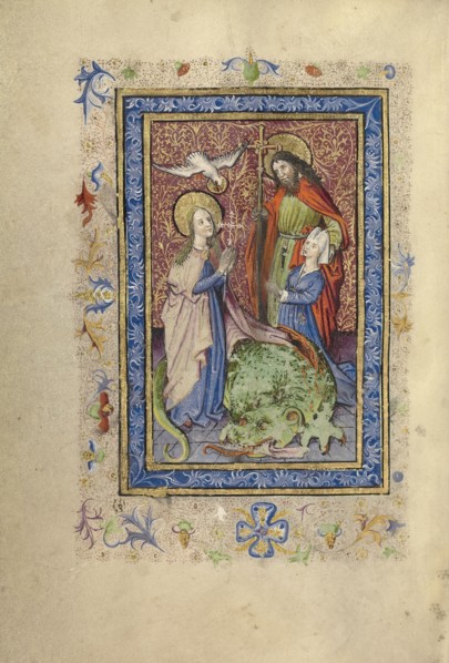 A Bearded Saint with Cruciform Staff Presenting a Kneeling Woman to Saint Margaret; Brabant, possibly, Flanders, Belgium; after