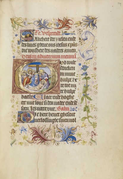 Initial G: The Deposition; Brabant, possibly, Flanders, Belgium; after 1460; Tempera colors, gold leaf, and ink on parchment