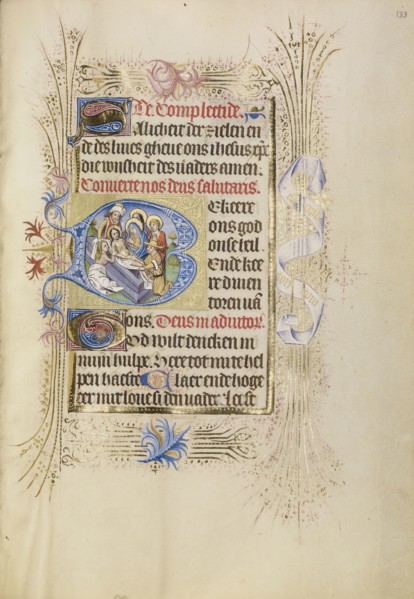 Initial B: The Entombment; Brabant, possibly, Flanders, Belgium; after 1460; Tempera colors, gold leaf, and ink on parchment