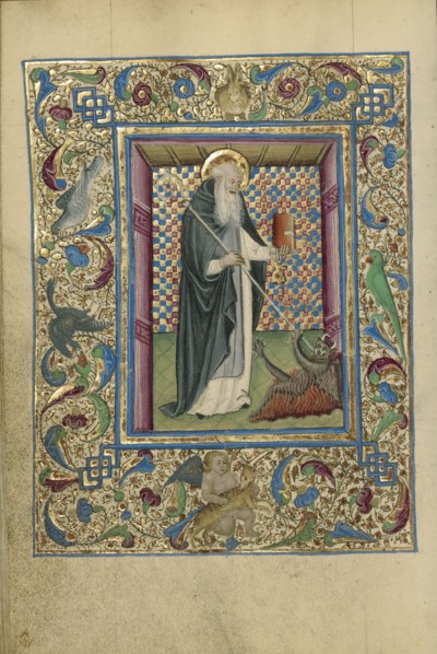Saint Anthony Constraining a Devil; Naples, Campania, Italy; about 1460; Tempera colors, gold, and ink on parchment; Leaf