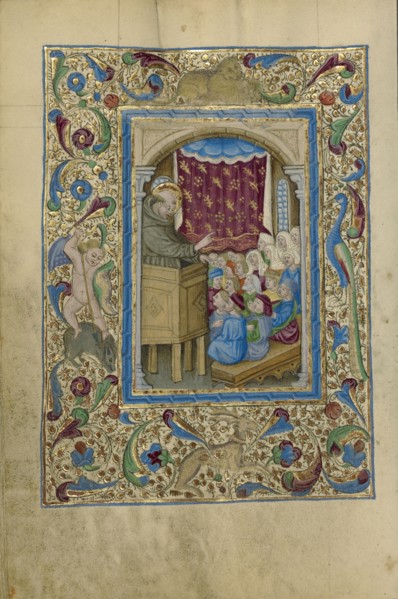 Saint Anthony of Padua Preaching; Naples, Campania, Italy; about 1460; Tempera colors, gold, and ink on parchment; Leaf