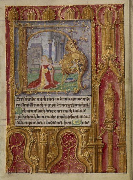 Initial H: David in Prayer; Workshop of Gerard Horenbout, Flemish, 1465 - 1541, Cologne, written, Germany; about 1500; Tempera