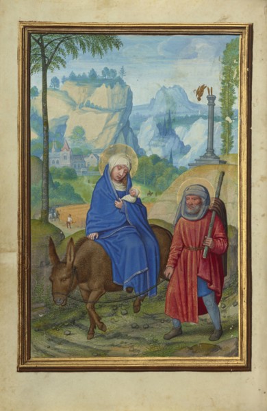 The Flight into Egypt; Simon Bening, Flemish, about 1483 - 1561, Bruges, Belgium; about 1525 - 1530; Tempera colors, gold paint