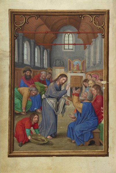 Christ Washing the Apostles' Feet; Simon Bening, Flemish, about 1483 - 1561, Bruges, Belgium; about 1525–1530; Tempera colors