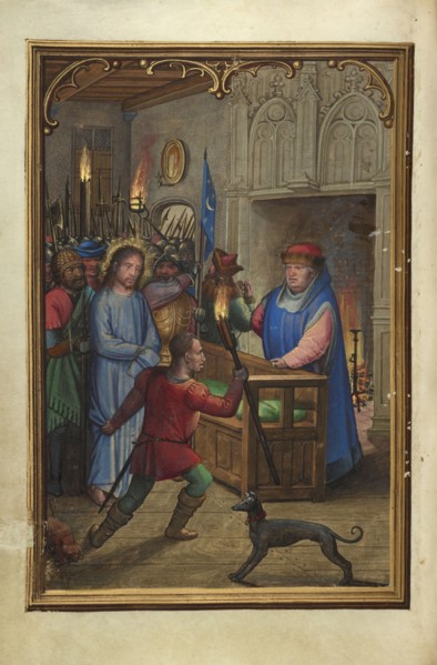 Christ before Annas; Simon Bening, Flemish, about 1483 - 1561, Bruges, Belgium; about 1525–1530; Tempera colors, gold paint