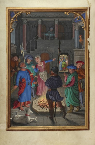 The Denial of Saint Peter; Simon Bening, Flemish, about 1483 - 1561, Bruges, Belgium; about 1525 - 1530; Tempera colors, gold