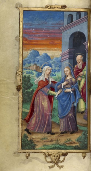 The Visitation; Paris, France; 1544; Tempera colors and gold paint on uterine parchment; Leaf: 14.3 x 8.1 cm, 5 5,8 x 3 3,16 in