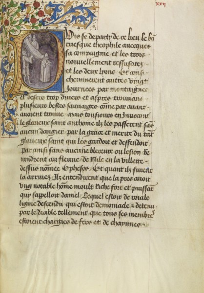Initial P: A Madman Healed After Touching the Body of Saint Anthony; Master of the Brussels Romuléon or workshop, Flemish