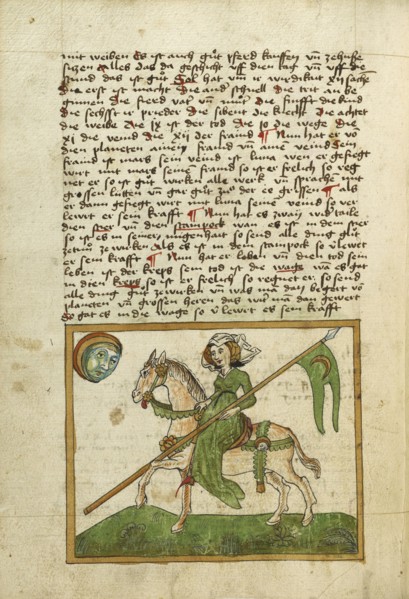 The Moon Represented as a Woman on Horseback; Ulm, Germany; shortly after 1464; Watercolor and ink on paper