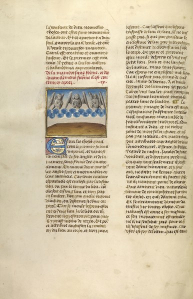 Three Angels; Ghent, Belgium; about 1475; Tempera colors, gold leaf, and gold paint on parchment; Leaf: 43.8 x 30.5 cm