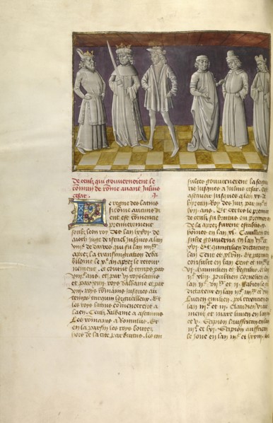 The Six Predecessors of Julius Caesar; Ghent, Belgium; about 1475; Tempera colors, gold leaf, and gold paint on parchment; Leaf