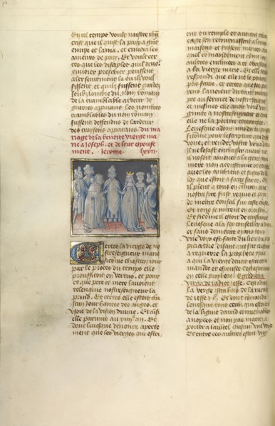 The Marriage of the Virgin; Ghent, Belgium; about 1475; Tempera colors, gold leaf, and gold paint on parchment; Leaf