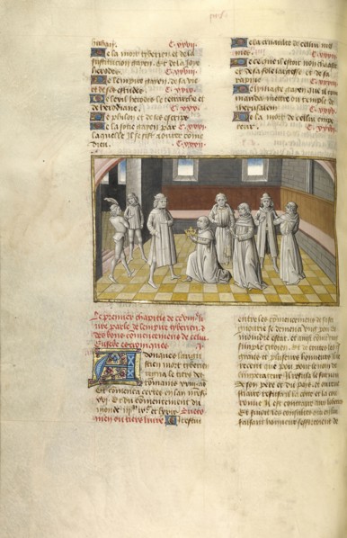 Tiberius Receiving the Crown from the Senators; Ghent, Belgium; about 1475; Tempera colors, gold leaf, and gold paint