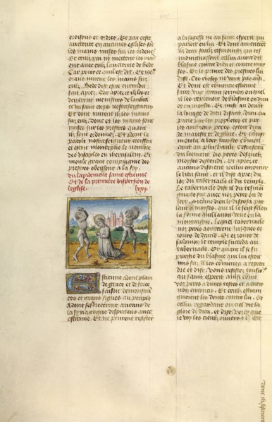 The Stoning of Saint Stephen; Ghent, Belgium; about 1475; Tempera colors, gold leaf, and gold paint on parchment; Leaf