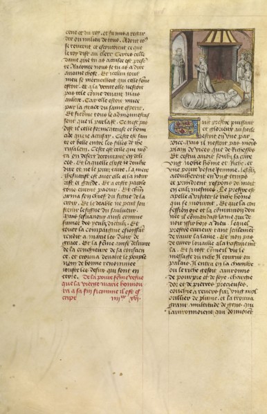 The Virgin at the Bedside of a Dying Woman; Ghent, Belgium; about 1475; Tempera colors, gold leaf, and gold paint on parchment
