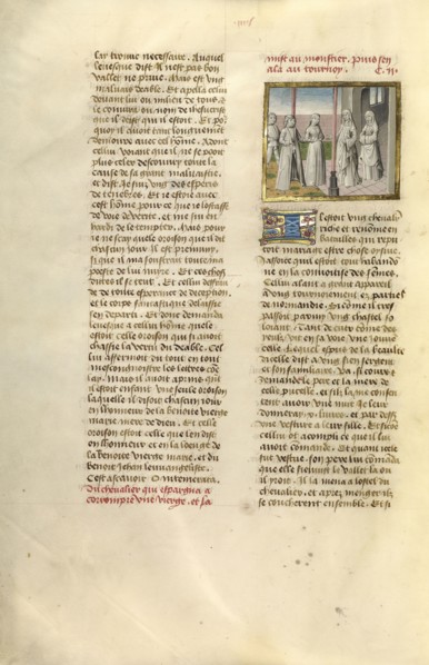 A Young Nobleman Leaving a Young Woman in the Care of an Abbess; Ghent, Belgium; about 1475; Tempera colors, gold leaf