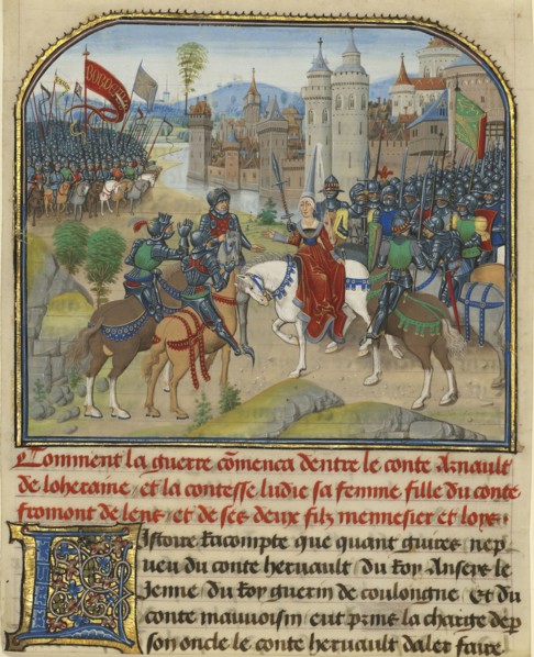 The Battle Between Arnault de Lorraine and His Wife Lydia; Loyset Liédet, Flemish, active about 1448 - 1478, and Pol Fruit
