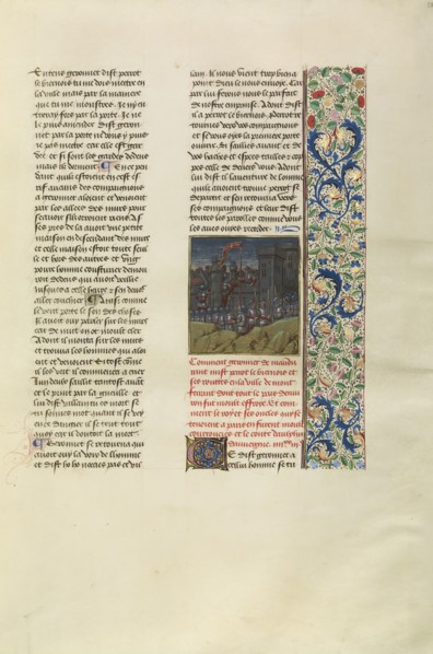Perrot le Biernois Invading Montferrant; Bruges, Belgium; about 1480 - 1483; Tempera colors, gold leaf, gold paint, and ink