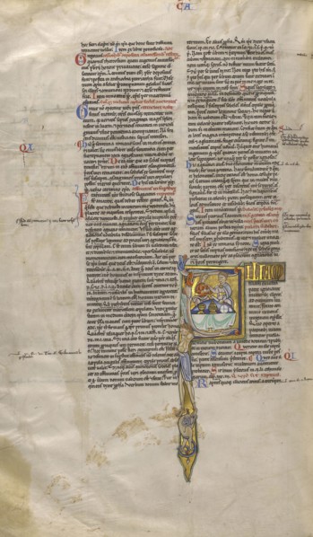 A Young Man and Woman Eating; Sens, or, France; about 1170 - 1180; Tempera colors, gold leaf, and ink on parchment; Leaf
