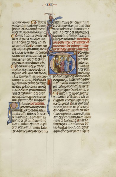 Initial T: Two Men and Two Witnesses before a Judge; Unknown, Michael Lupi de Çandiu, Spanish, active Pamplona, Spain 1297